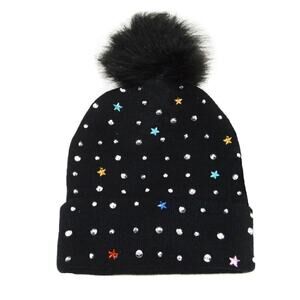 New! Maniere Big Girls Youth Studded Stars Pom Pom Beanie Winter Hat